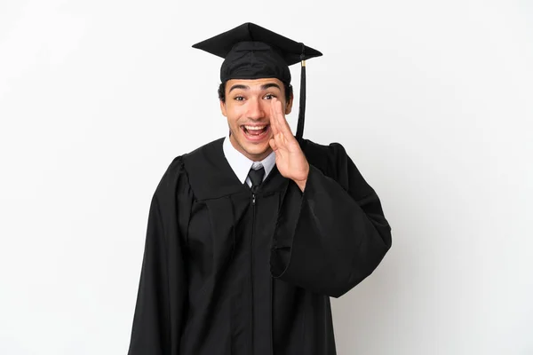 Jonge Universiteit Afgestudeerd Geïsoleerde Witte Achtergrond Schreeuwen Met Mond Wijd — Stockfoto