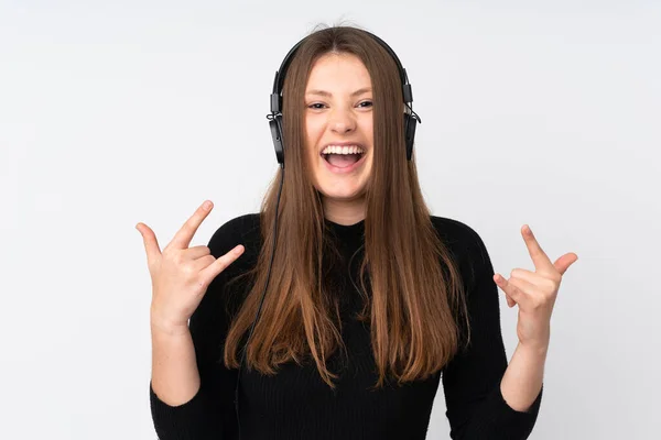 Έφηβος Καυκάσιος Κορίτσι Απομονώνονται Λευκό Φόντο Ακούγοντας Μουσική Κάνοντας Ροκ — Φωτογραφία Αρχείου