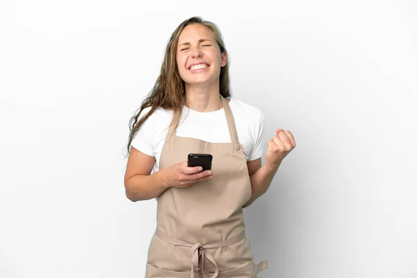 Restaurant Waiter Caucasian Woman Isolated White Background Phone Victory Position — Stock Photo, Image