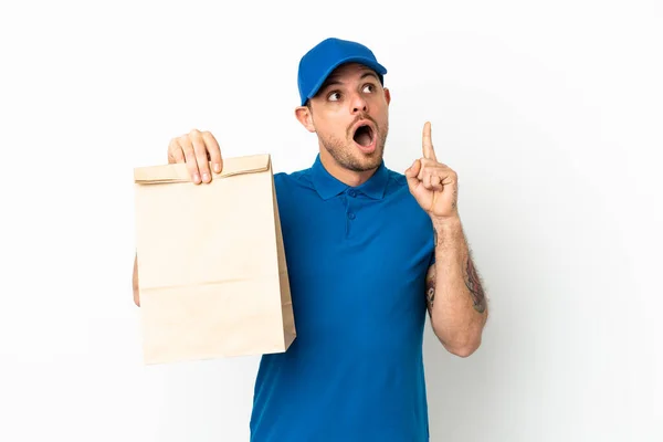 Braziliaans Nemen Van Een Zak Afhaalvoedsel Geïsoleerd Witte Achtergrond Denken — Stockfoto