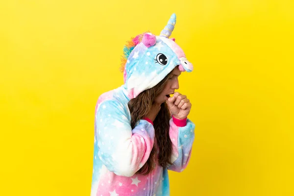 Girl Unicorn Pajamas Isolated Background Suffering Cough Feeling Bad — Stock Photo, Image