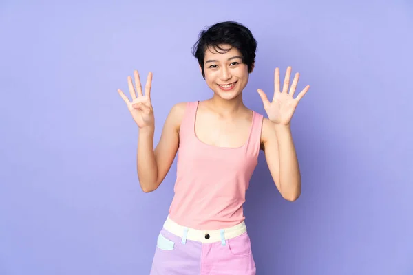 Young Vietnamese Woman Short Hair Isolated Purple Background Counting Nine — Stock Photo, Image