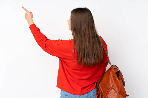 Adolescente Caucásico Estudiante Chica Aislado Blanco Fondo Apuntando Hacia Atrás —  Fotos de Stock