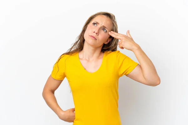 Young Caucasian Woman Isolated White Background Problems Making Suicide Gesture — Stock Photo, Image