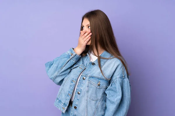 Teenager Caucasian Girl Isolated Purple Background Doing Surprise Gesture While — Stock Photo, Image