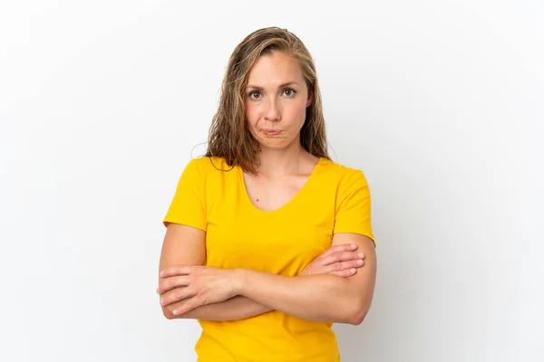 Young Caucasian Woman Isolated White Background Feeling Upset — Stock Photo, Image