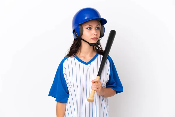 Baseball Ruská Dívka Hráč Helmou Pálkou Izolované Bílém Pozadí Při — Stock fotografie