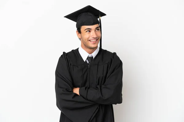 Jonge Universiteit Afgestudeerd Geïsoleerde Witte Achtergrond Gelukkig Glimlachend — Stockfoto
