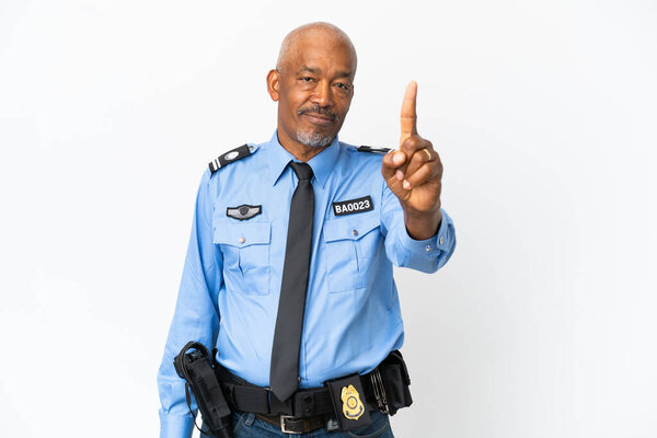 Young police man isolated on white background showing and lifting a finger