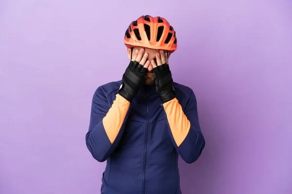 Young Brazilian Cyclist Man Isolated Purple Background Tired Sick Expression — Stock Photo, Image