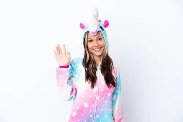 Mujer Rusa Joven Con Pijama Unicornio Aislado Sobre Fondo Blanco —  Fotos de Stock