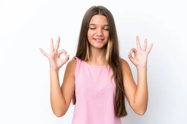 Pequena Menina Caucasiana Isolado Fundo Branco Pose Zen — Fotografia de Stock