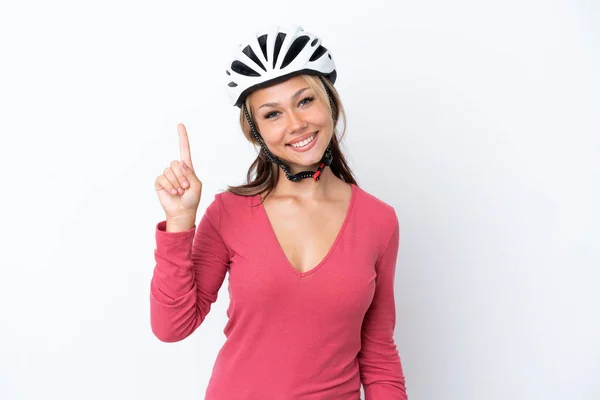 Mujer Rusa Joven Con Casco Bicicleta Aislado Sobre Fondo Blanco —  Fotos de Stock