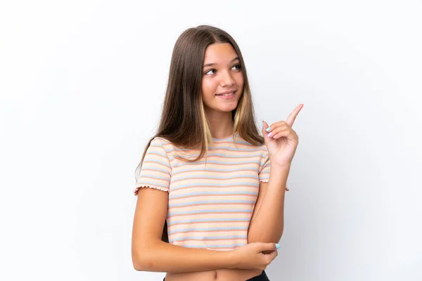 Klein Blank Meisje Geïsoleerd Witte Achtergrond Wijzend Een Geweldig Idee — Stockfoto