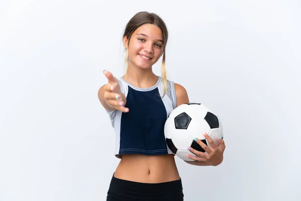 Little Caucasian Girl Playing Football Isolated White Background Shaking Hands — Stock Photo, Image