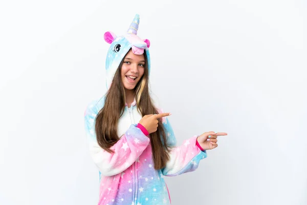 Little Caucasian Girl Wearing Unicorn Pajama Isolated White Background Surprised — Stock Photo, Image