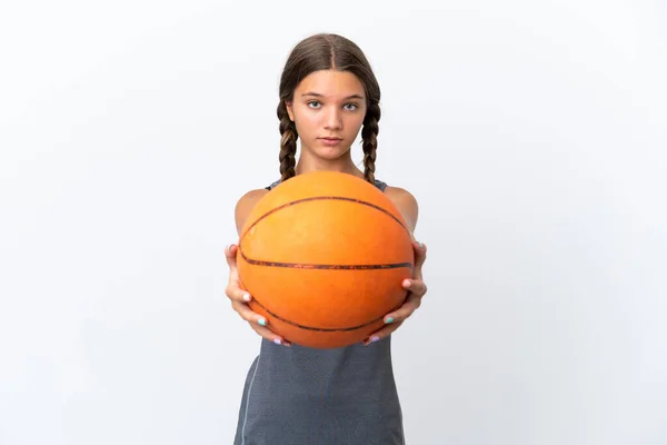 Sedikit Gadis Kaukasia Terisolasi Latar Belakang Putih Bermain Basket — Stok Foto