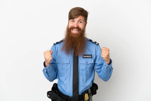 Rödhårig Polis Man Isolerad Vit Bakgrund Firar Seger Vinnarposition — Stockfoto