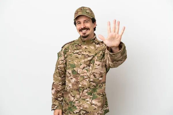 Soldat Man Isolerad Vit Bakgrund Räkna Fem Med Fingrar — Stockfoto