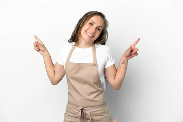 Restaurant Waiter Caucasian Woman Isolated White Background Pointing Finger Laterals — Stock Photo, Image