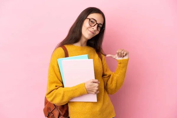 Jovem Estudante Mulher Sobre Fundo Isolado Orgulhoso Auto Satisfeito — Fotografia de Stock