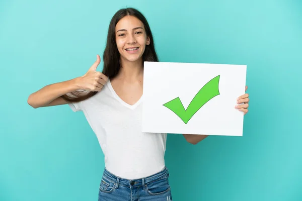 Junge Französin Isoliert Auf Blauem Hintergrund Mit Einem Plakat Mit — Stockfoto