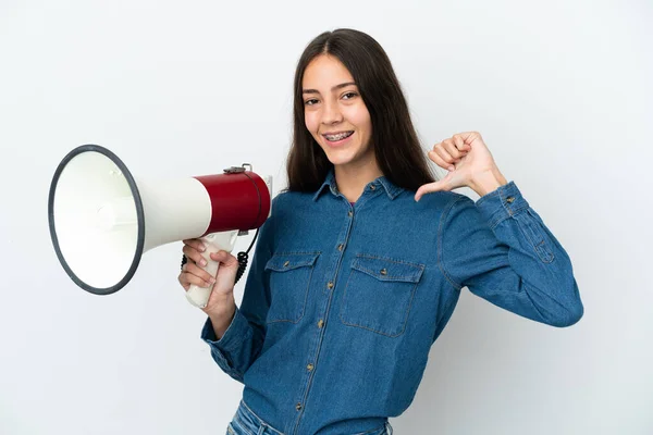 Jovencita Francesa Aislada Sobre Fondo Blanco Sosteniendo Megáfono Orgullosa Autosatisfecha —  Fotos de Stock