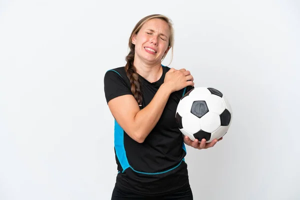 Młoda Piłkarka Kobieta Odizolowana Białym Tle Cierpi Ból Ramieniu Wysiłek — Zdjęcie stockowe