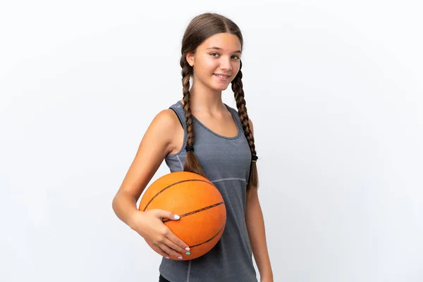 Pouco Caucasiano Menina Isolado Fundo Branco Jogar Basquete — Fotografia de Stock