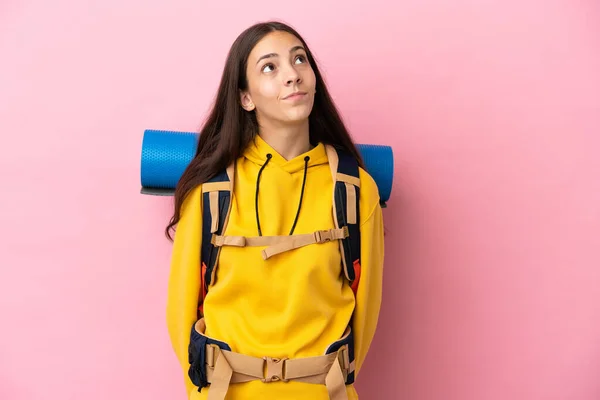 Young Mountaineer Girl Big Backpack Isolated Pink Background Looking — Stock Photo, Image