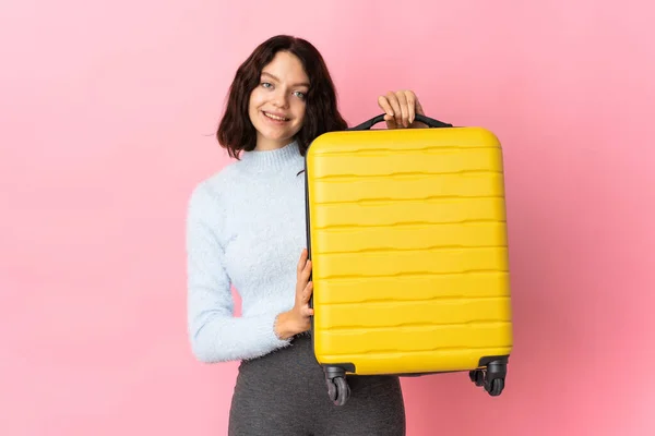 Adolescente Ucraniana Menina Isolada Fundo Rosa Férias Com Mala Viagem — Fotografia de Stock