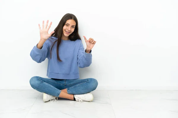 Jeune Fille Française Assise Sur Sol Comptant Six Avec Les — Photo