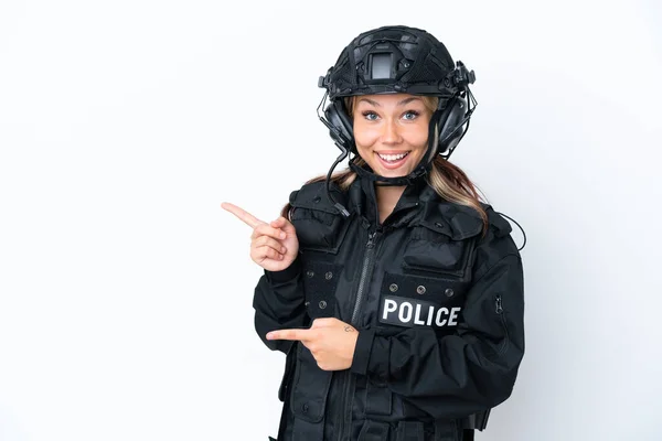 Swat Russian Woman Isolated White Background Surprised Pointing Side — Stock Photo, Image