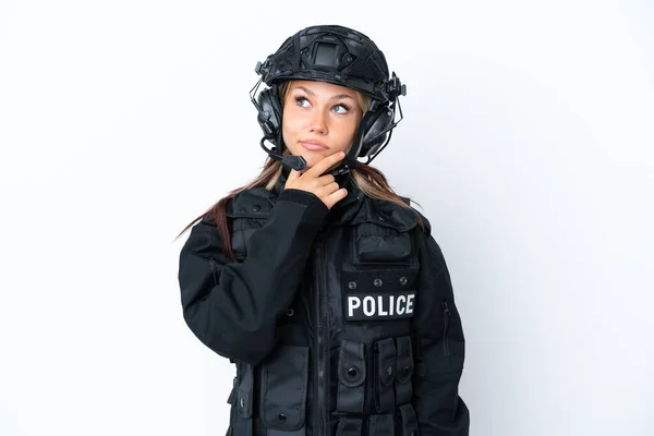 Swat Russian Woman Isolated White Background Having Doubts Confuse Face — Stock Photo, Image