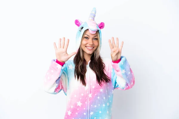 Mujer Rusa Joven Usando Pijama Unicornio Aislado Sobre Fondo Blanco —  Fotos de Stock