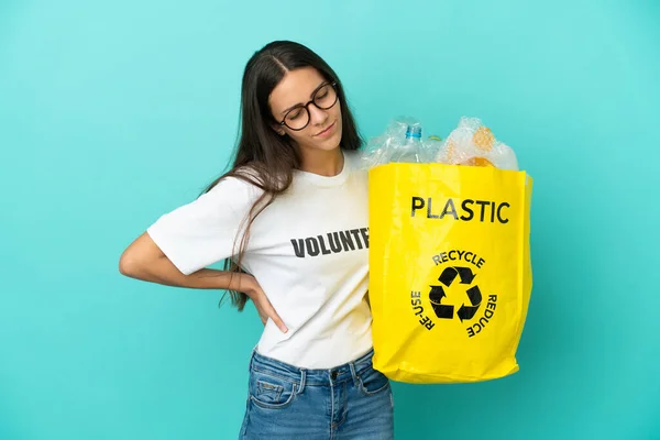 Menina Francesa Segurando Saco Cheio Garrafas Plástico Para Reciclar Sofrendo — Fotografia de Stock