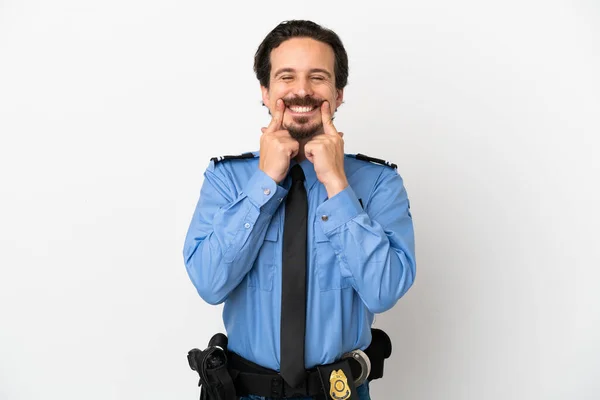 Joven Policía Sobre Fondo Aislado Blanco Sonriendo Con Una Expresión —  Fotos de Stock
