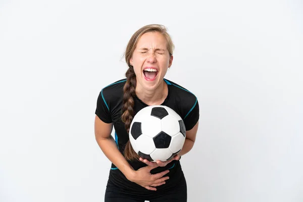 Młoda Piłkarka Kobieta Odizolowany Białym Tle Uśmiechając Się Dużo — Zdjęcie stockowe