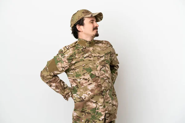 Soldat Man Isolerad Vit Bakgrund Lider Ryggvärk För Att Gjort — Stockfoto