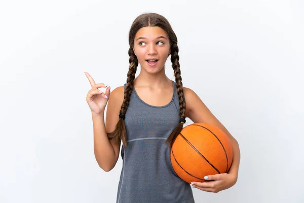 Trochę Kaukaski Dziewczyna Odizolowany Biały Tło Gra Koszykówkę Mając Pomysł — Zdjęcie stockowe