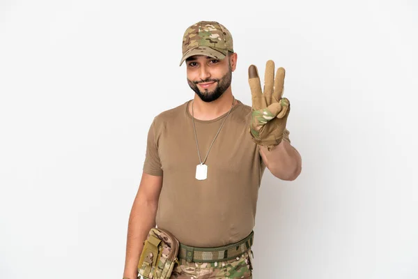 Jovem Soldado Árabe Homem Isolado Fundo Branco Feliz Contando Três — Fotografia de Stock
