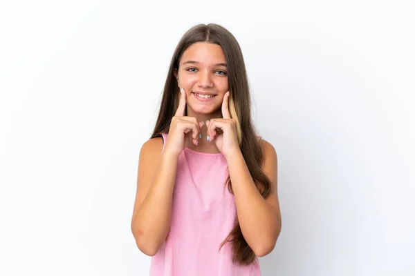 Menina Caucasiana Pouco Isolado Fundo Branco Sorrindo Com Uma Expressão — Fotografia de Stock