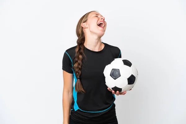 Joven Futbolista Mujer Aislada Sobre Fondo Blanco Riendo — Foto de Stock