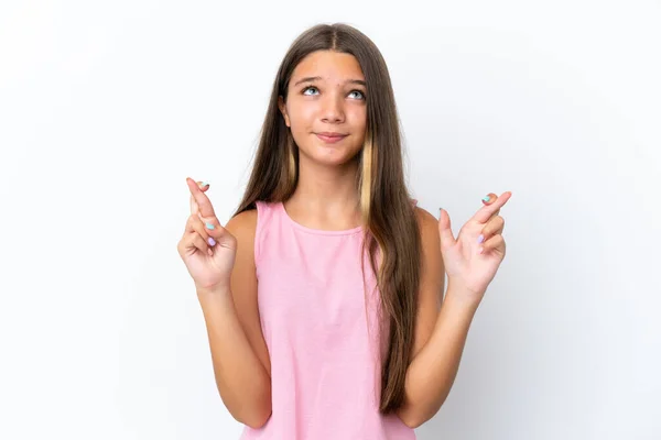 Pequena Menina Caucasiana Isolado Fundo Branco Com Dedos Cruzando Desejando — Fotografia de Stock