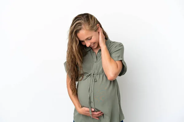 Mladá Běloška Žena Izolované Bílém Pozadí Těhotné Laterální Poloze — Stock fotografie