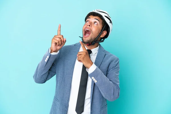 Young Business Brazilian Man Bike Helmet Isolated Blue Background Pointing — Stock Photo, Image