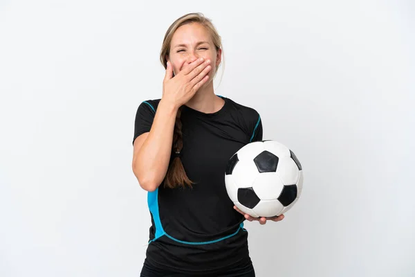 Jonge Voetballer Vrouw Geïsoleerd Witte Achtergrond Gelukkig Glimlachende Bekleding Mond — Stockfoto