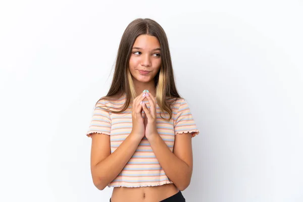 Pequeña Chica Caucásica Aislada Sobre Fondo Blanco Maquinando Algo — Foto de Stock