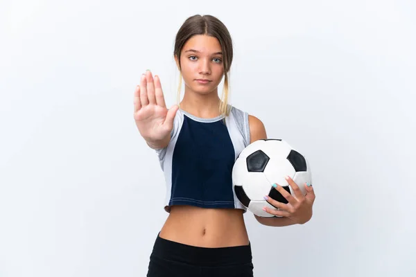 Pequeña Chica Caucásica Jugando Fútbol Aislado Sobre Fondo Blanco Haciendo — Foto de Stock