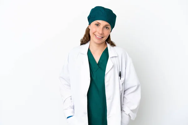Surgeon Caucasian Woman Green Uniform Isolated White Background Laughing — Stock Photo, Image